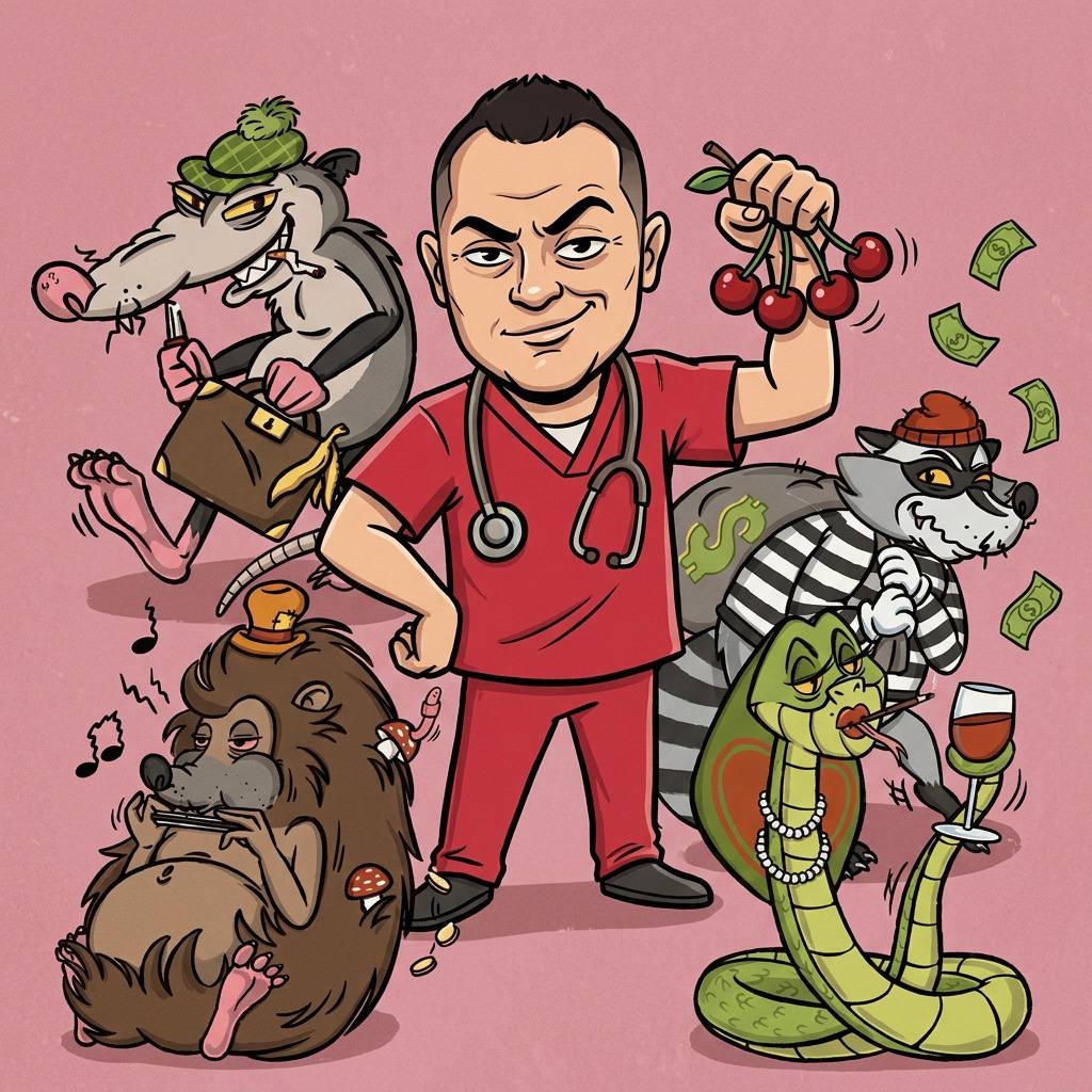 Dr. Cherry и карикатурные персонажи: крыса, ёж, енот и змея — типажи подрядчиков, от которых мы защищаем сайт клиента